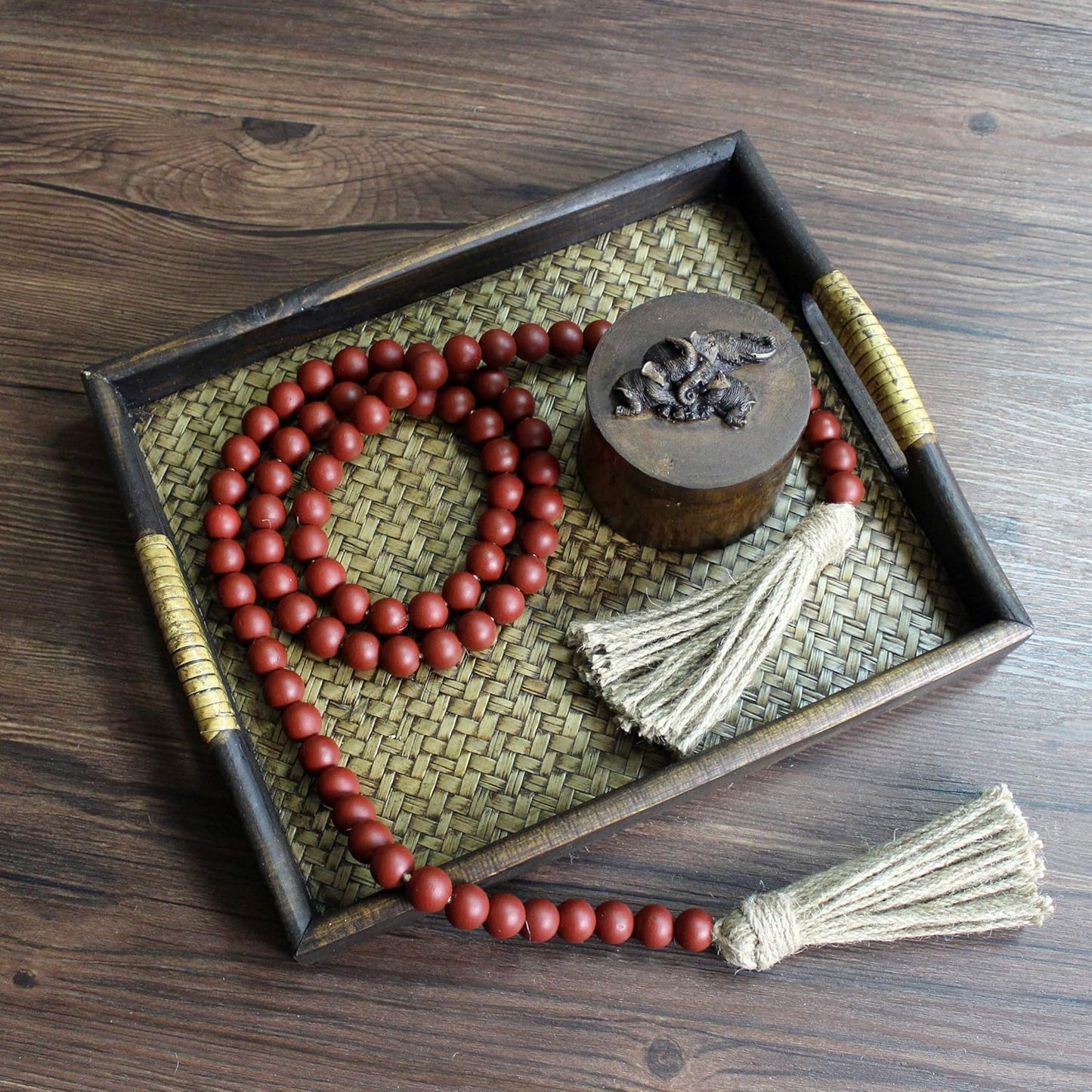 CVHOMEDECO. Wood Beads Garland with Tassels Farmhouse Rustic Wooden Prayer Bead String Wall Hanging Accent for Home Festival Decor. Mix Distressed