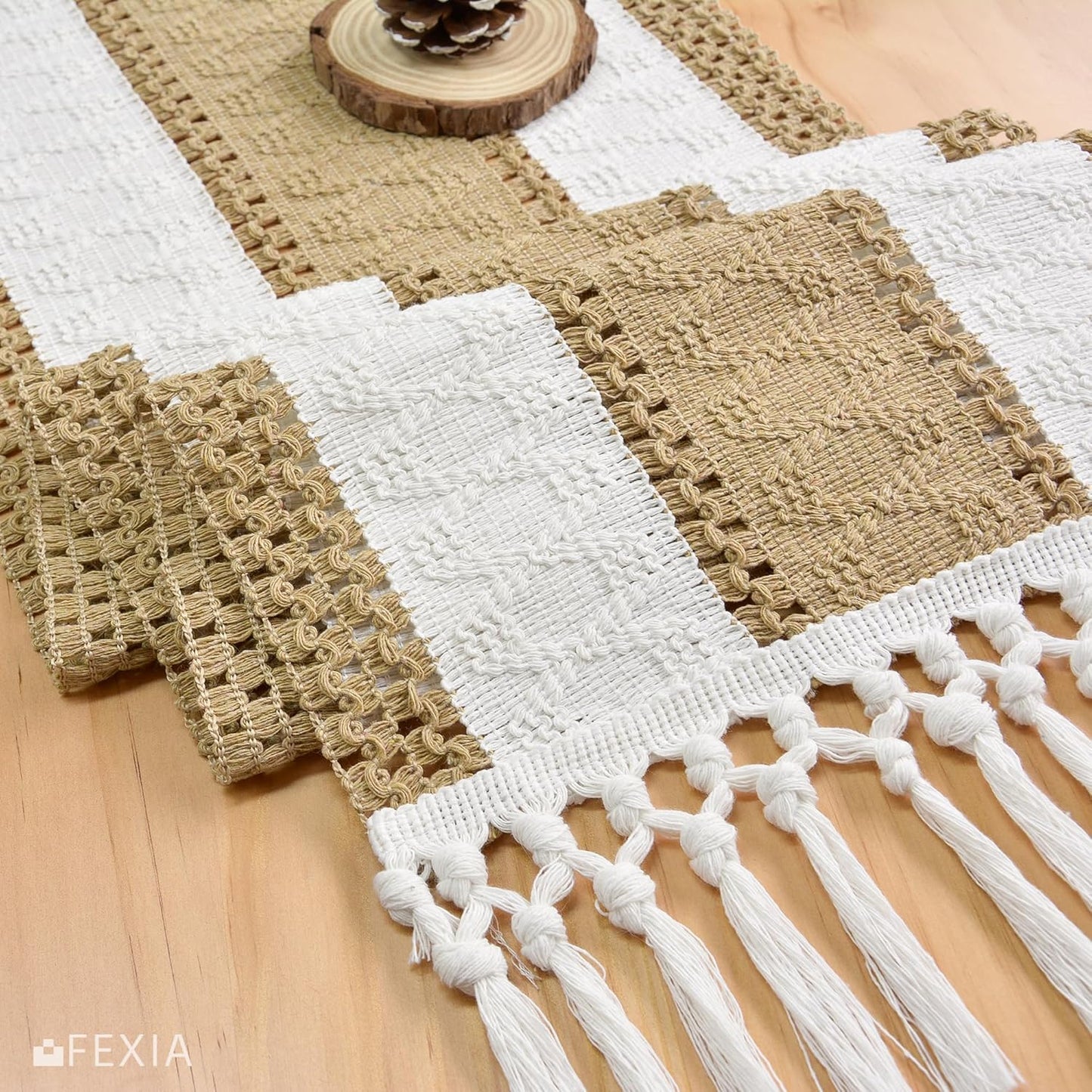 FEXIA Boho Table Runner for Thanksgiving Fall Christmas Home Decor with Tassels 72 Inches Long Pottery barn Furniture Farmhouse Rustic Macrame Burlap Table Decoration for Living Room (12x72 Inches)