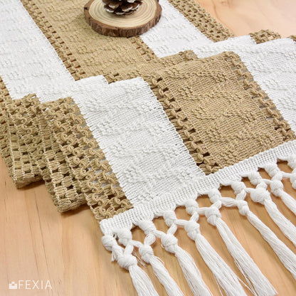 FEXIA Boho Table Runner for Thanksgiving Fall Christmas Home Decor with Tassels 72 Inches Long Pottery barn Furniture Farmhouse Rustic Macrame Burlap Table Decoration for Living Room (12x72 Inches)
