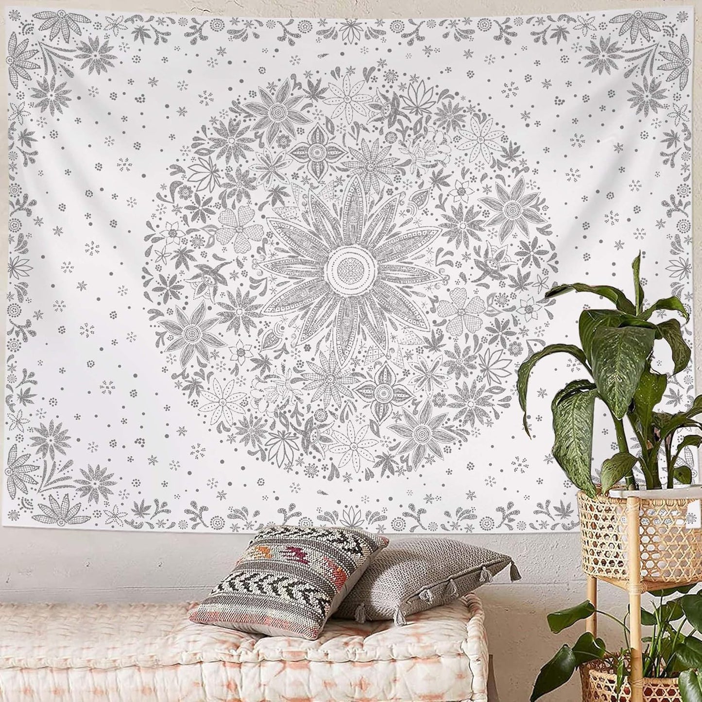 Neasow Bohemian Tapestry Wall Hanging, Beige White Floral Tapestry with Dotted Daisy Medallion Print Bedroom Boho Hippie Home Decor, 36×48 inches