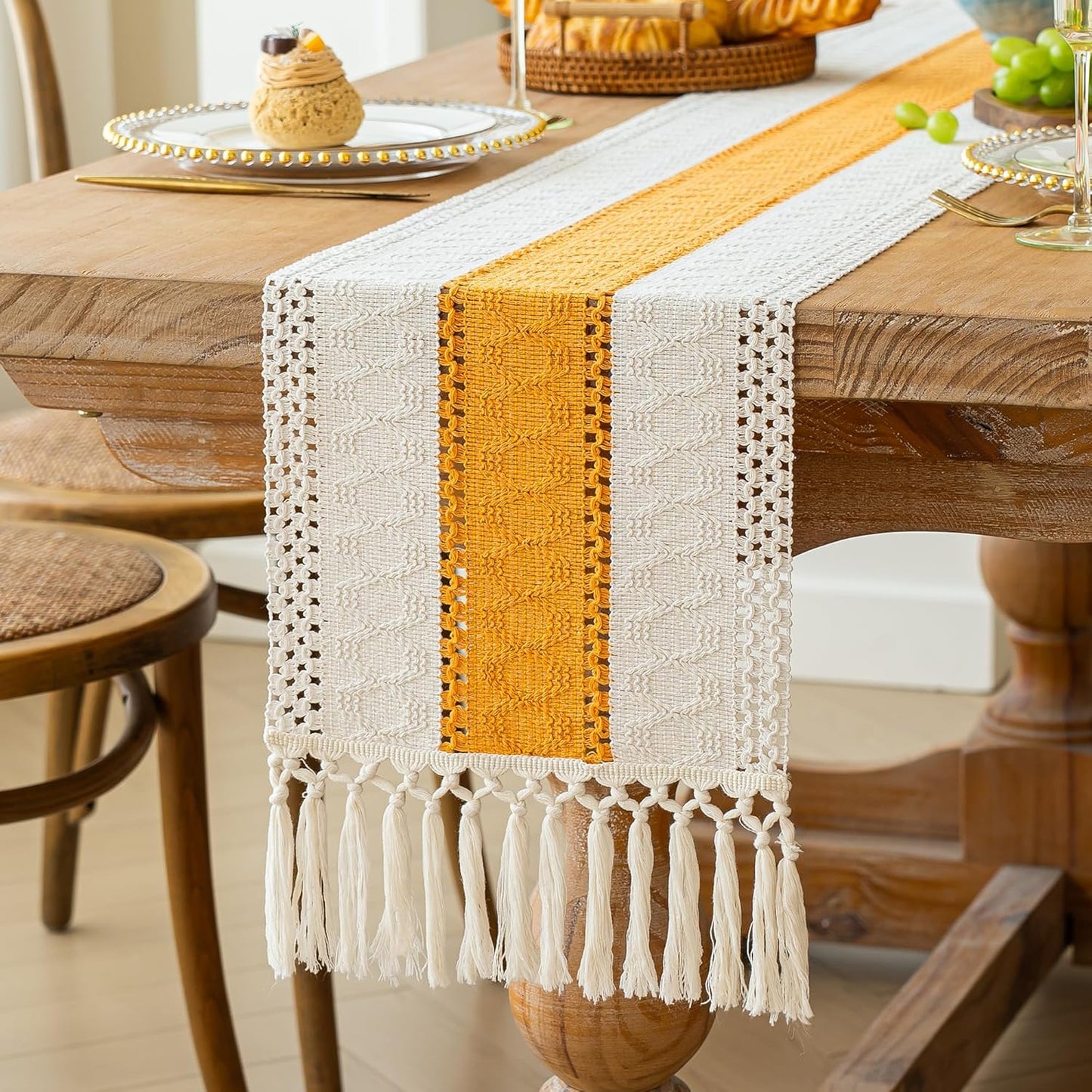 FEXIA Boho Table Runner for Thanksgiving Fall Christmas Home Decor with Tassels 72 Inches Long Pottery barn Furniture Farmhouse Rustic Macrame Burlap Table Decoration for Living Room (12x72 Inches)