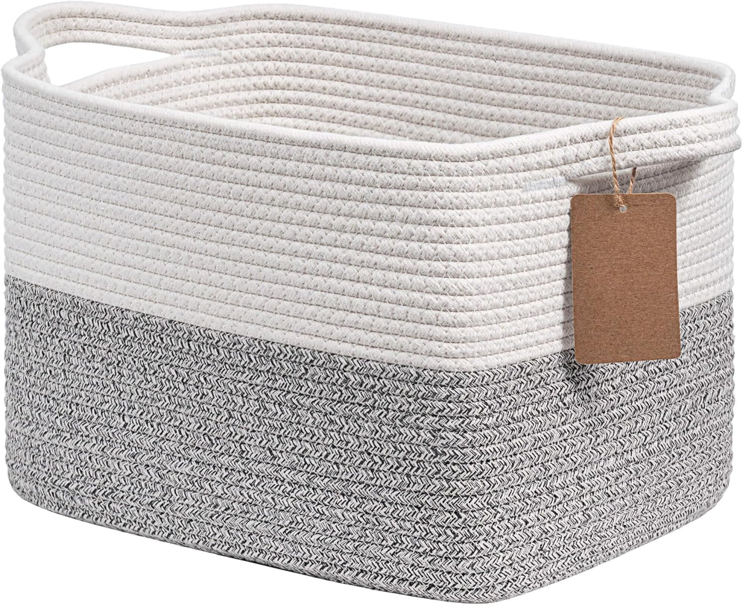 Goodpick Woven Storage Basket, Cotton Rope Basket for Dog Toys, Books, Stylish Gift Basket with Handles, 13 x 10 x 9 Inches Square Baskets for Organizing, Brown and White
