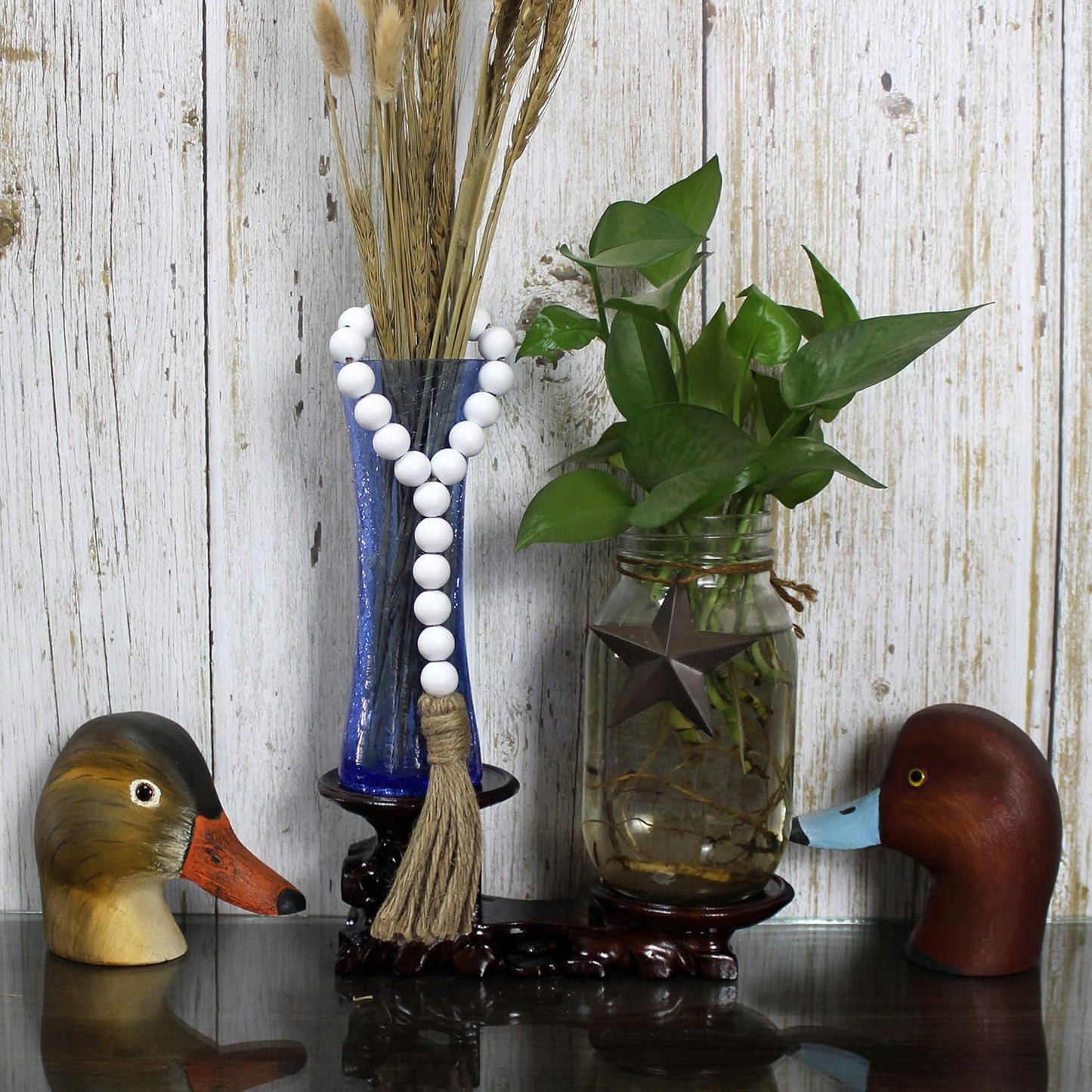 CVHOMEDECO. Wood Beads Garland with Tassels 3 PCS Farmhouse Rustic Wooden Prayer Bead String Wall Hanging Accent for Home Festival Decor. Natural