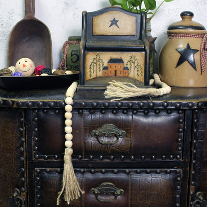 CVHOMEDECO. Wood Beads Garland with Tassels Farmhouse Rustic Wooden Prayer Bead String Wall Hanging Accent for Home Festival Decor. Mix Distressed