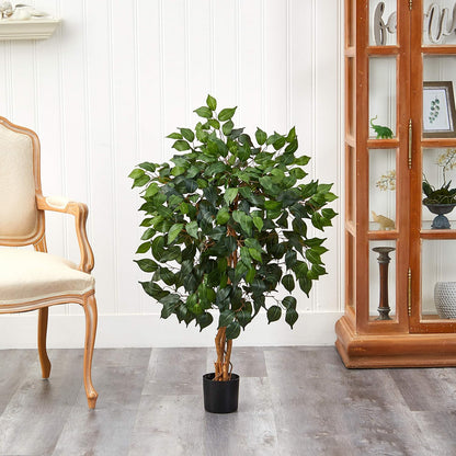 Nearly Natural 4ft Triple Trunk Ficus Silk Tree with Natural Wood Trunks and Dense Foliage, Mid-Size Faux Floor Plant for Home and Office