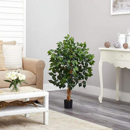 Nearly Natural 4ft Triple Trunk Ficus Silk Tree with Natural Wood Trunks and Dense Foliage, Mid-Size Faux Floor Plant for Home and Office