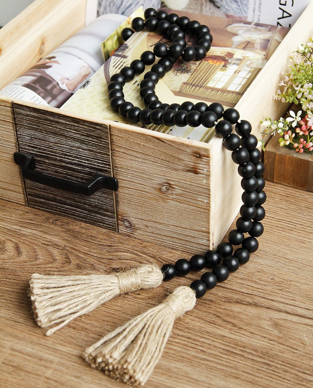 58in Wood Bead Garland with Tassels, Farmhouse Rustic Country Decor Prayer Boho Wall Hanging Decoration (Nature)