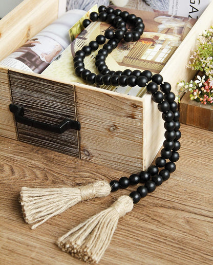 58in Wood Bead Garland with Tassels, Farmhouse Rustic Country Decor Prayer Boho Wall Hanging Decoration (Nature)