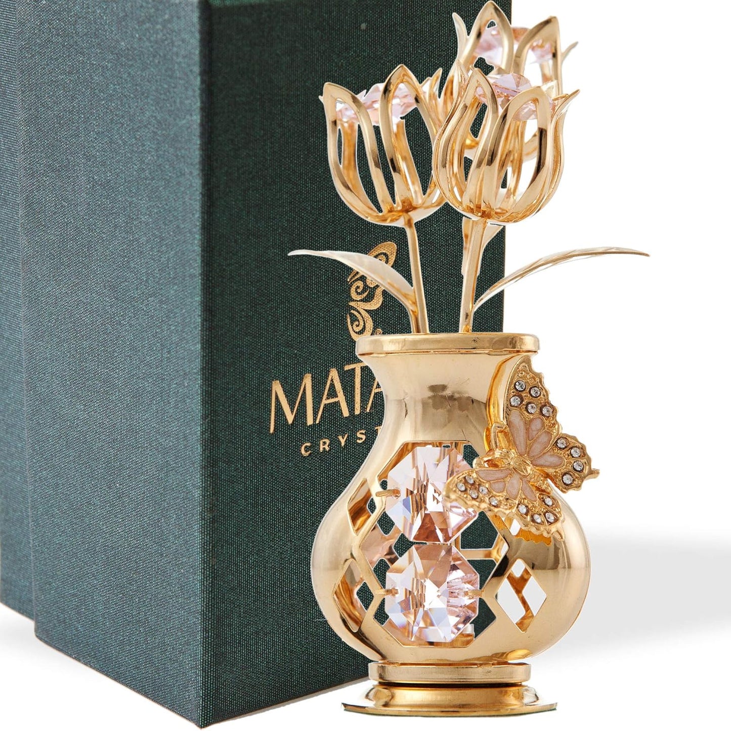 Matashi 24K Gold Plated Crystal Flower Figurine with Clear Crystals & Butterfly – Luxury Decorative Tulip Statue, Elegant Tabletop Home Décor, for Mother's Day, Valentine's Day, Christmas