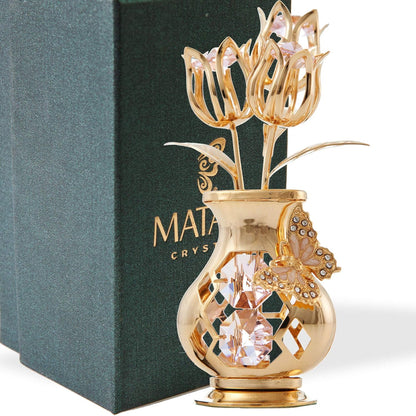 Matashi 24K Gold Plated Crystal Flower Figurine with Clear Crystals & Butterfly – Luxury Decorative Tulip Statue, Elegant Tabletop Home Décor, for Mother's Day, Valentine's Day, Christmas