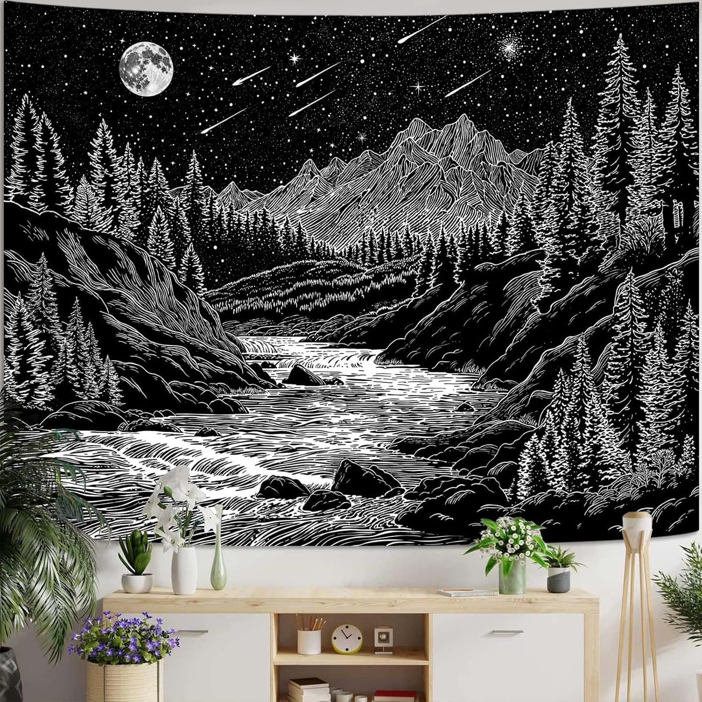 Zussun Black and White Tapestry Starry Night Mountain Tapestries for Bedroom Aesthetic Moon and Stars Tapastry's Wall Hanging Dark Nature Forest Wall Tapestry for Living Room Dorm (48'' × 36'')