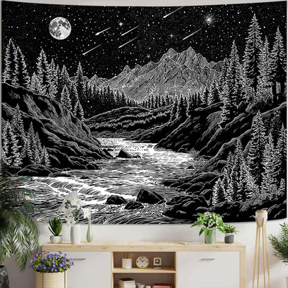 Zussun Black and White Tapestry Starry Night Mountain Tapestries for Bedroom Aesthetic Moon and Stars Tapastry's Wall Hanging Dark Nature Forest Wall Tapestry for Living Room Dorm (48'' × 36'')