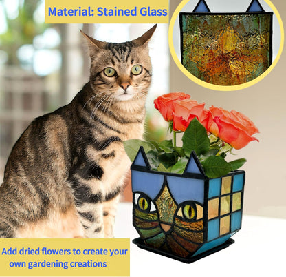 Tiffany Stained Glass Fun Moon Sleeping Cat Planter，Cactus Planter，Cute Planters for Indoor Plants,Decorative Flower Pots As Gifts for Cat Lovers，4.6x3x5.15 in