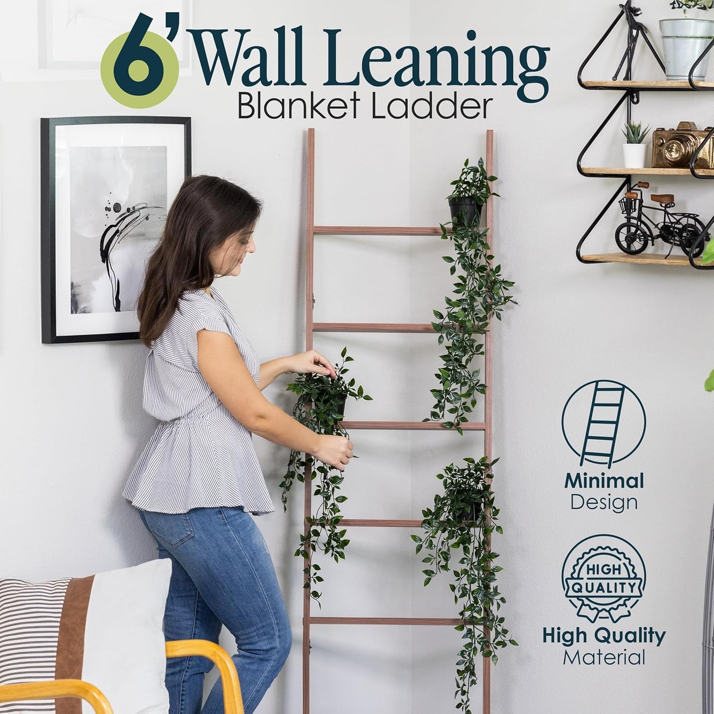 Blanket Ladder for Living Room and Bedroom, 5ft 8 inch, 6-Tier Wall Leaning Laminate Snag Free Construction (White) Rustic Decorative Farmhouse Blanket Storage, Quilt Rack, Ladder Shelf, Easy Assembly