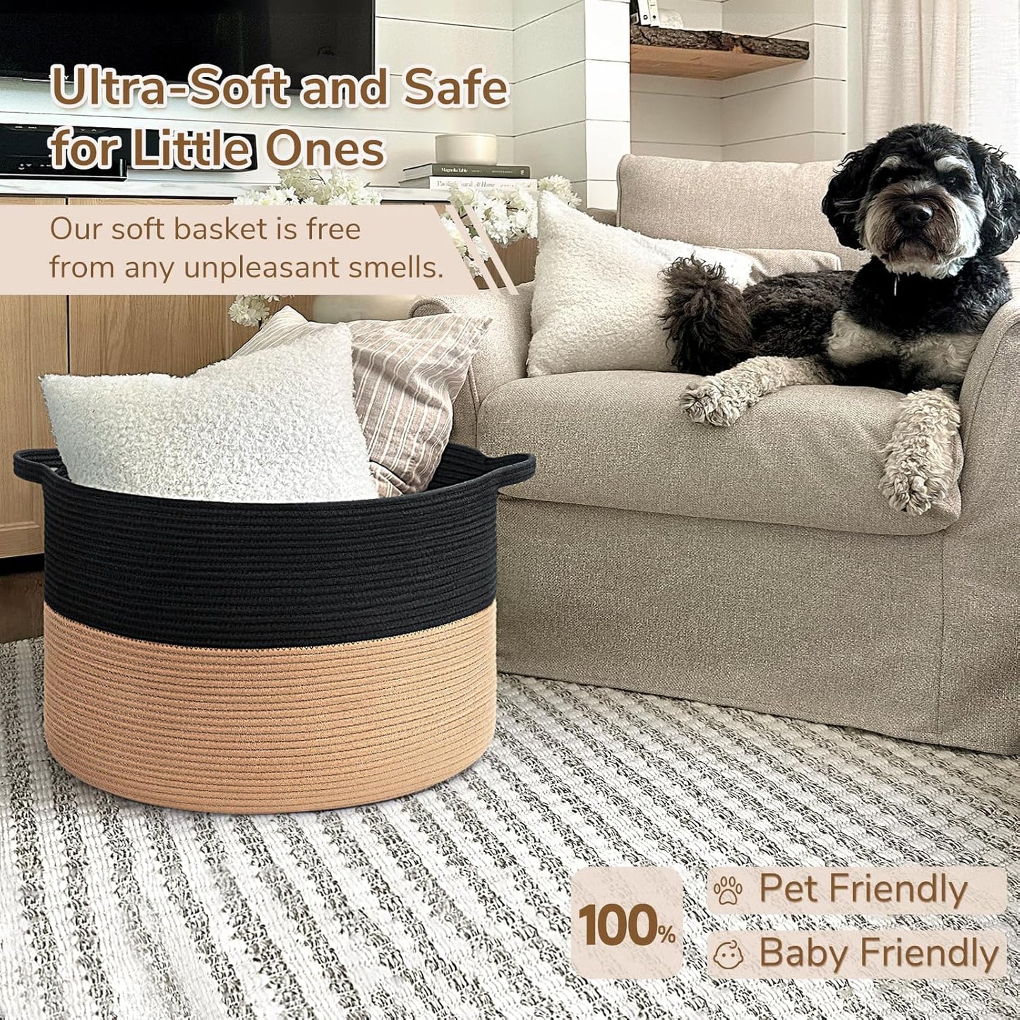 INDRESSME XXXLarge Blanket Basket for Living Room 21.7" x 21.7" x 13.8"-Storage Basket with Handle for Organizing Toy Pillows Woven Cotton Rope Laundry Basket Stuffed Animal Toy Storage for Play Room