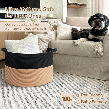 INDRESSME XXXLarge Blanket Basket for Living Room 21.7" x 21.7" x 13.8"-Storage Basket with Handle for Organizing Toy Pillows Woven Cotton Rope Laundry Basket Stuffed Animal Toy Storage for Play Room