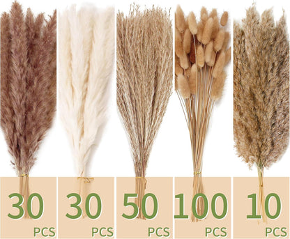65PCS Pampas Grass Decor, Including pompas Floral, Reed Dried Grass and Bunny Tails Dried Flowers, Natural Dried Pampas Grass Bouquet for Boho Decor Wedding, Home Decoration