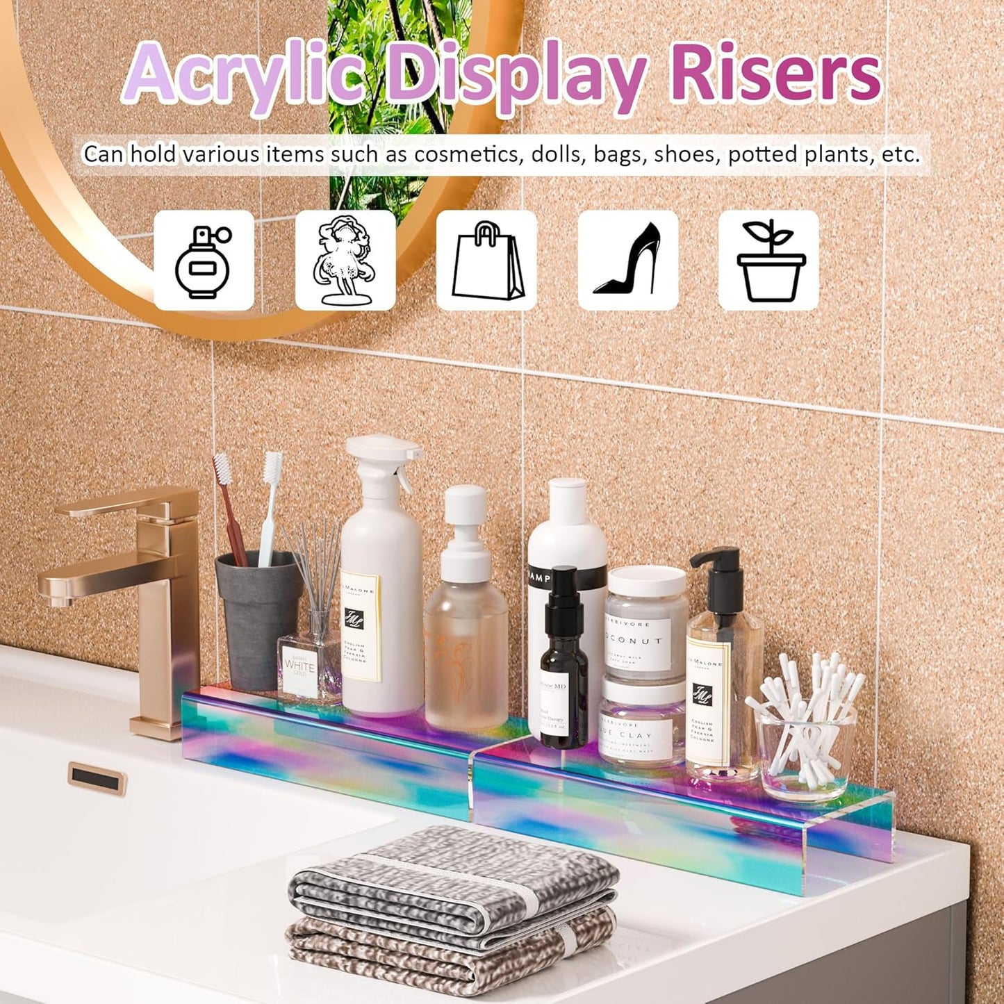 Sezanrpt Acrylic Shelf Riser 12x4.7x3 pack of 2, Desktop Rectangular Acrylic Tray Pedestal Stand for Funko Pop Figure, Bags, 12x4.7x3 Inch