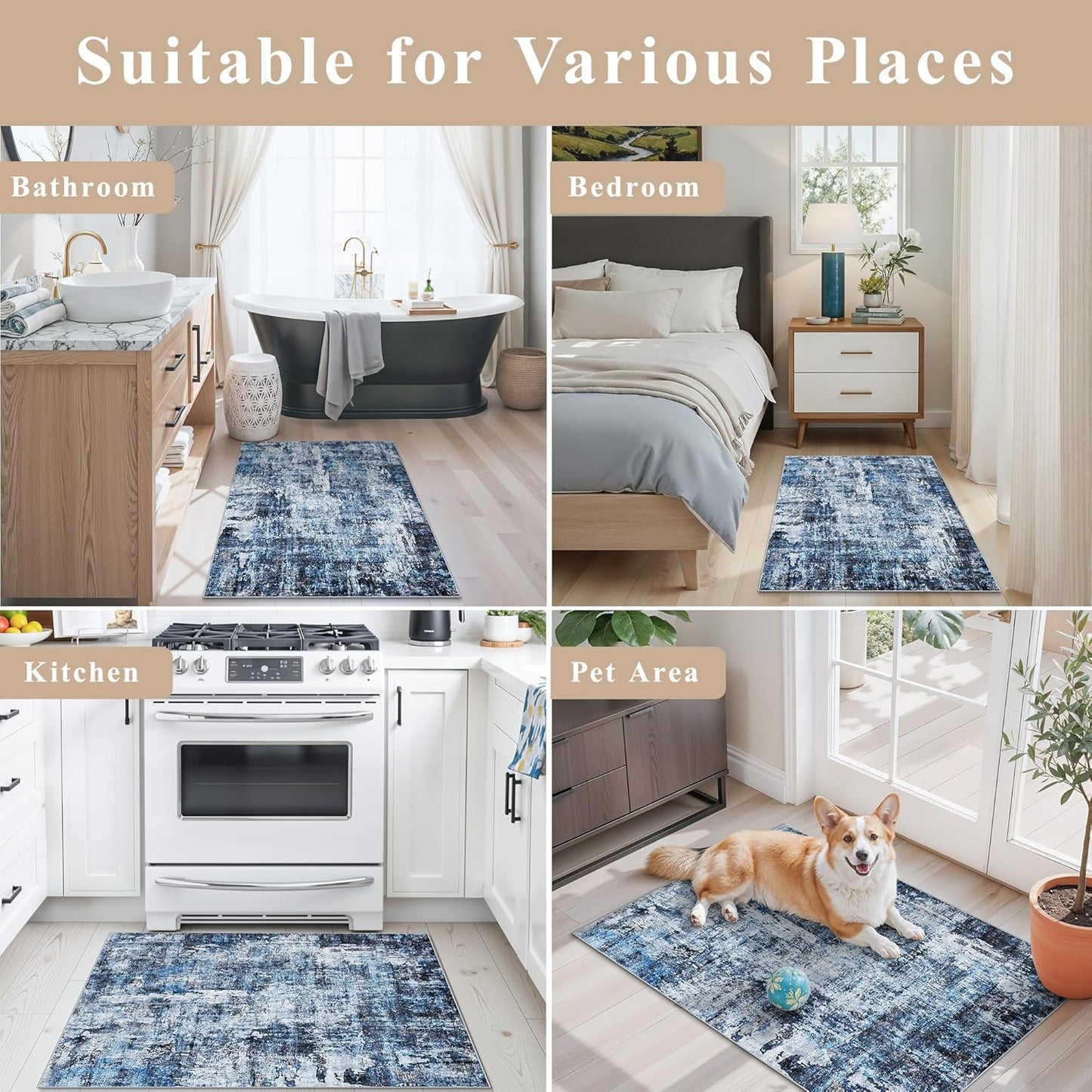 2x3 Washable Non-Slip Area Rug - Soft Low Pile Throw Rug for Kitchen Entryway Bedroom - Modern Indoor Door Mat with Rubber Backing (Beige Grey) - Colors B