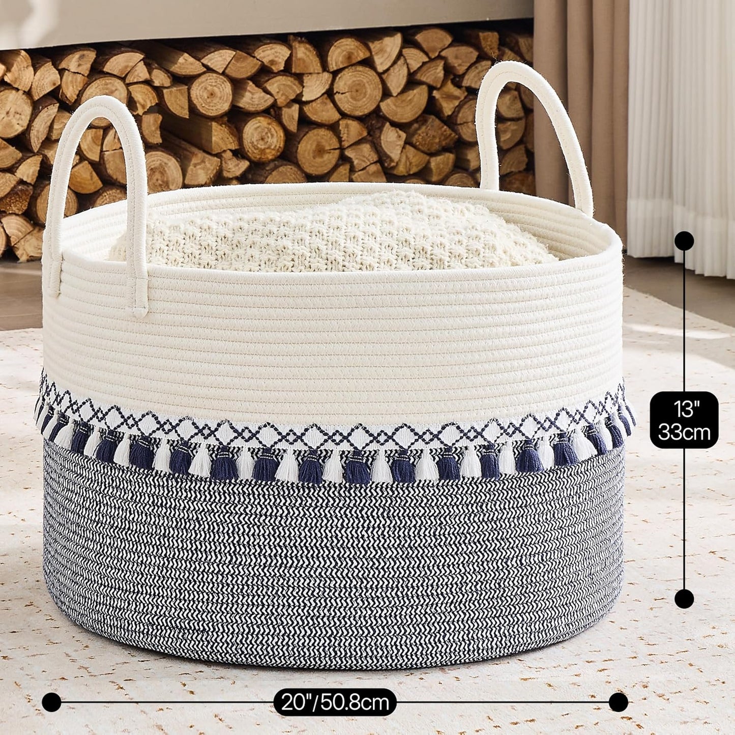 KAKAMAY Large Blanket Basket (20"x13"),Woven Baskets for storage Baby Laundry Hamper, Cotton Rope Blanket Basket for Living Room, Laundry, Nursery, Pillows, Baby Toy chest (White/Brown)