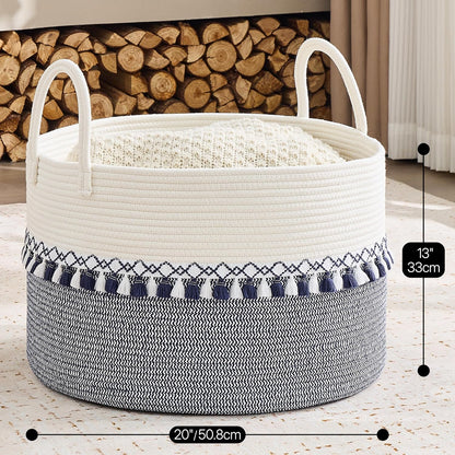 KAKAMAY Large Blanket Basket (20"x13"),Woven Baskets for storage Baby Laundry Hamper, Cotton Rope Blanket Basket for Living Room, Laundry, Nursery, Pillows, Baby Toy chest (White/Brown)