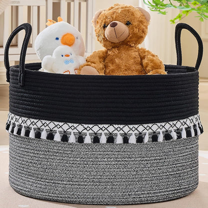 KAKAMAY Large Blanket Basket (20"x13"),Woven Baskets for storage Baby Laundry Hamper, Cotton Rope Blanket Basket for Living Room, Laundry, Nursery, Pillows, Baby Toy chest (White/Brown)