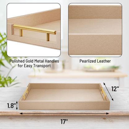 ATZYmolin 17" x 12" Wood Serving Tray with Gold Polished Metal Handles, Home Decorative Wooden Rectangle Ottoman Leather Decor Platter Bathroom Vanity Tray for All Occasions White
