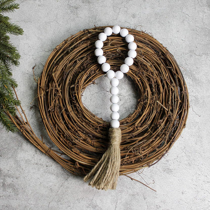 CVHOMEDECO. Wood Beads Garland with Tassels 3 PCS Farmhouse Rustic Wooden Prayer Bead String Wall Hanging Accent for Home Festival Decor. Natural