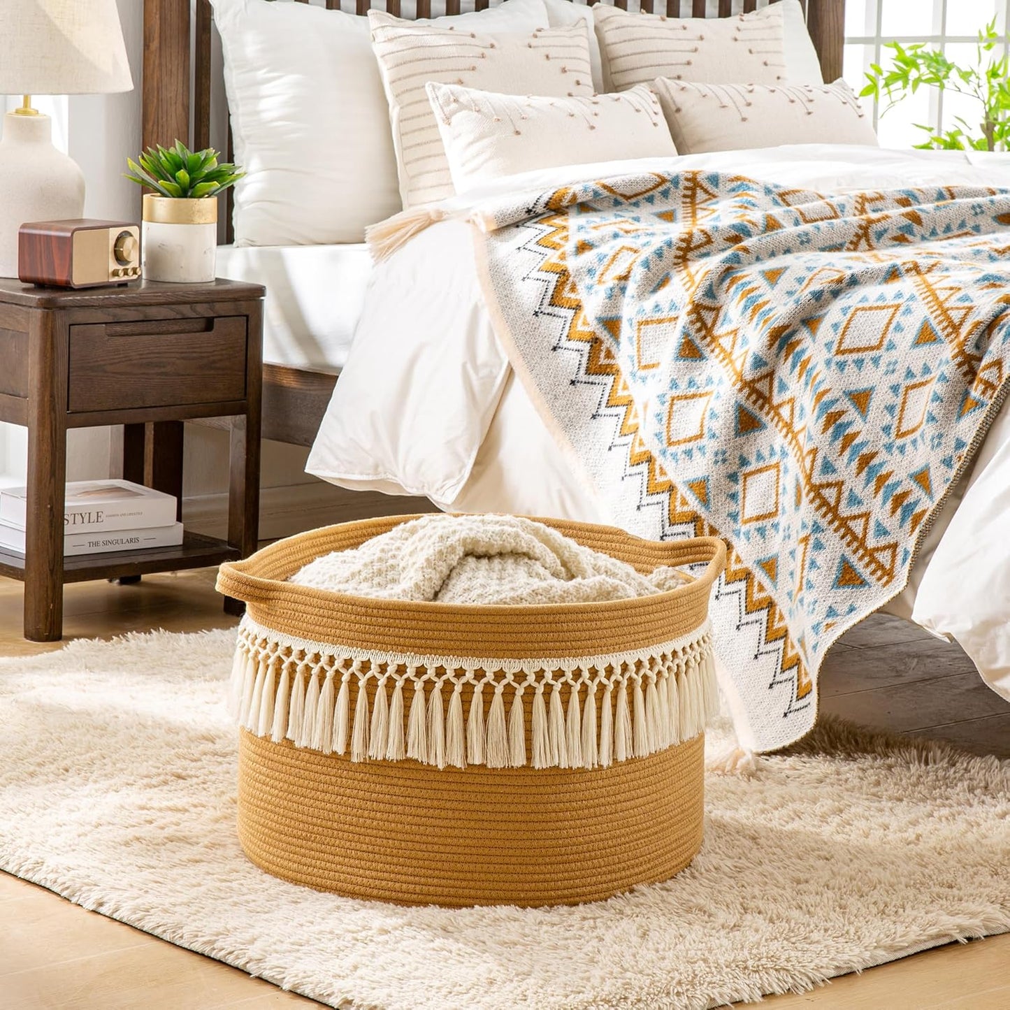 KAKAMAY Large Blanket Basket (20"x13"),Woven Baskets for storage Baby Laundry Hamper, Cotton Rope Blanket Basket for Living Room, Laundry, Nursery, Pillows, Baby Toy chest (White/Brown)