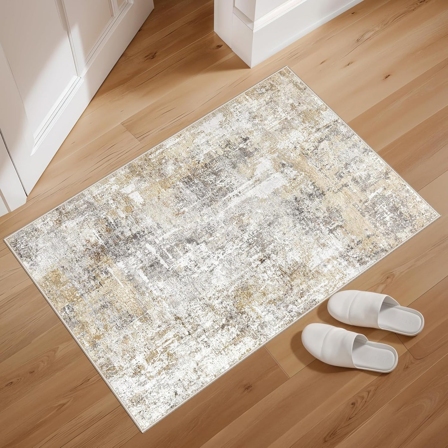 2x3 Washable Non-Slip Area Rug - Soft Low Pile Throw Rug for Kitchen Entryway Bedroom - Modern Indoor Door Mat with Rubber Backing (Beige Grey) - Colors A