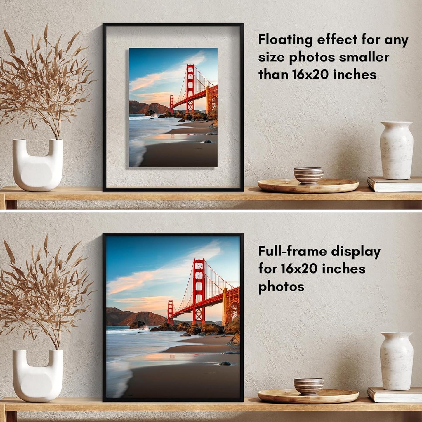 Americanflat Aluminum 11x14 Floating Picture Frame with Shatter-Resistant Glass - Use as 8x10 Picture Frame or Display 11x14 Photo - Signature Float Collection - Photo Frames for Wall Display - Black
