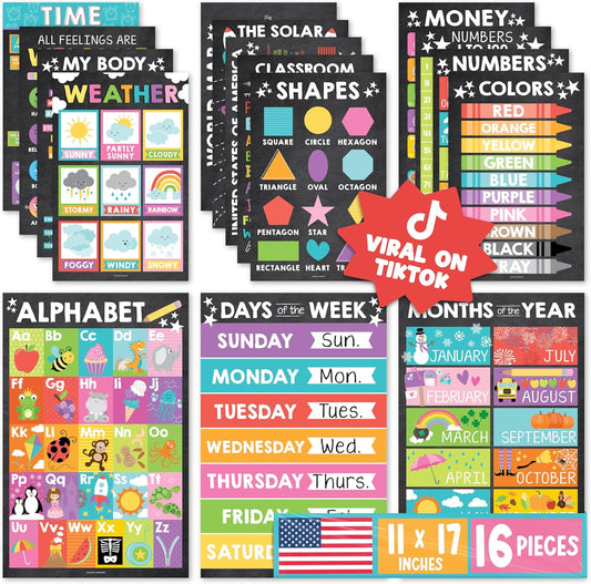 Hadley Designs 16 Educational Posters for Toddler Learning Activities - Laminated Pre-K Posters for Toddlers 1-3, Homeschool Essentials & Preschool Learning Activities, Kindergarten Classroom Decor