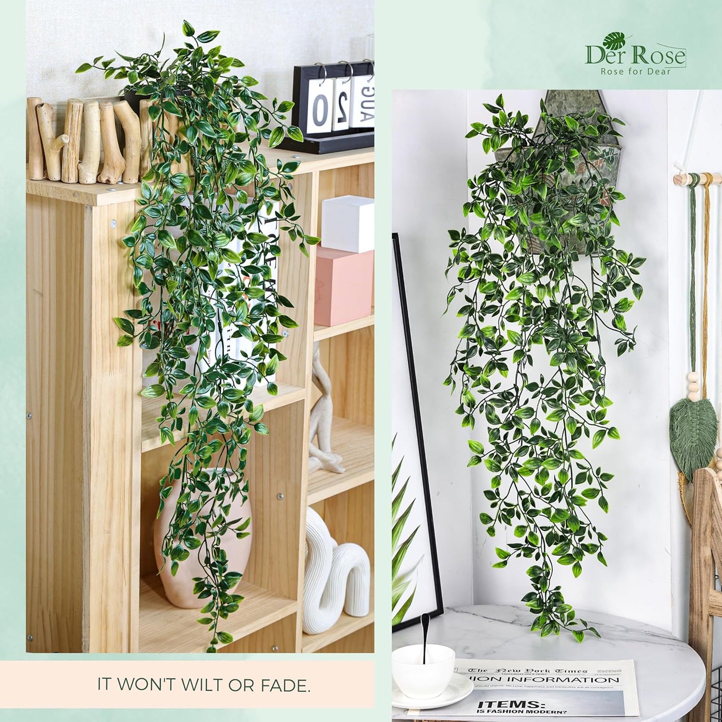 Der Rose 1Pcs 34'' Fake Hanging Plants Artificial Potted Faux Hanging Plants Indoor Pothos Vines for Home Bathroom Bedroom Wall Shelf Decor