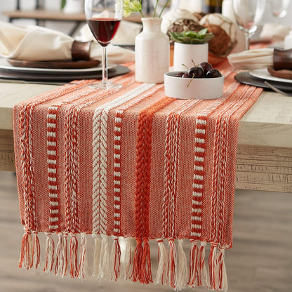 DII Farmhouse Braided Stripe Table Runner Collection, 15x72 (15x77, Fringe Included), Black
