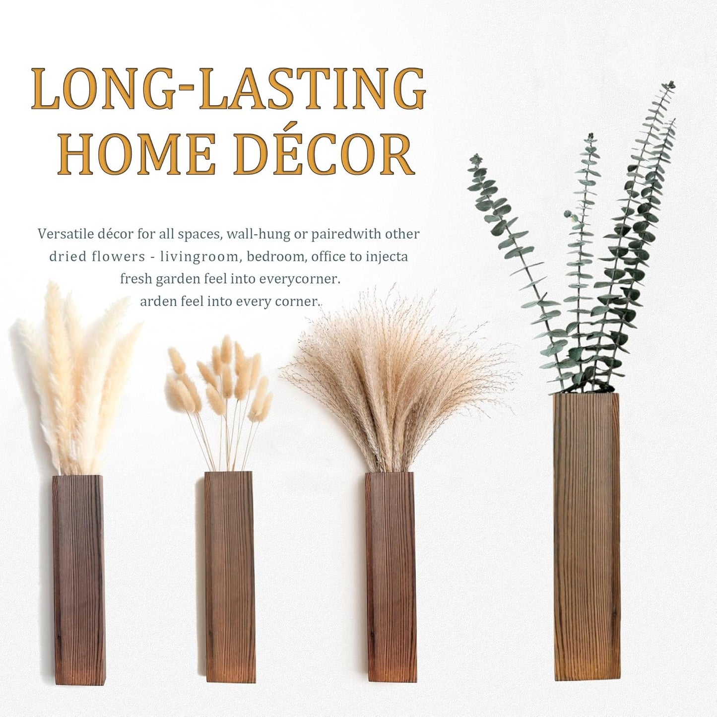 Set of 2 Wooden Vases with Pampas Grass and Eucalyptus – Boho Decor for Living Room, Modern Farmhouse Entryway or Bathroom, Rustic Art for Home Decoration