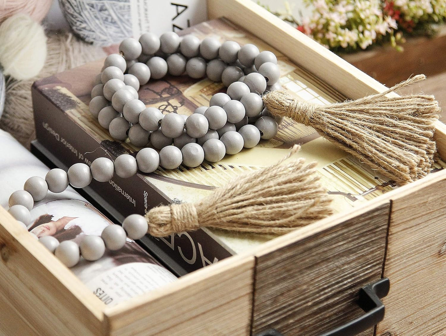 58in Wood Bead Garland with Tassels, Farmhouse Rustic Country Decor Prayer Boho Wall Hanging Decoration (Nature)