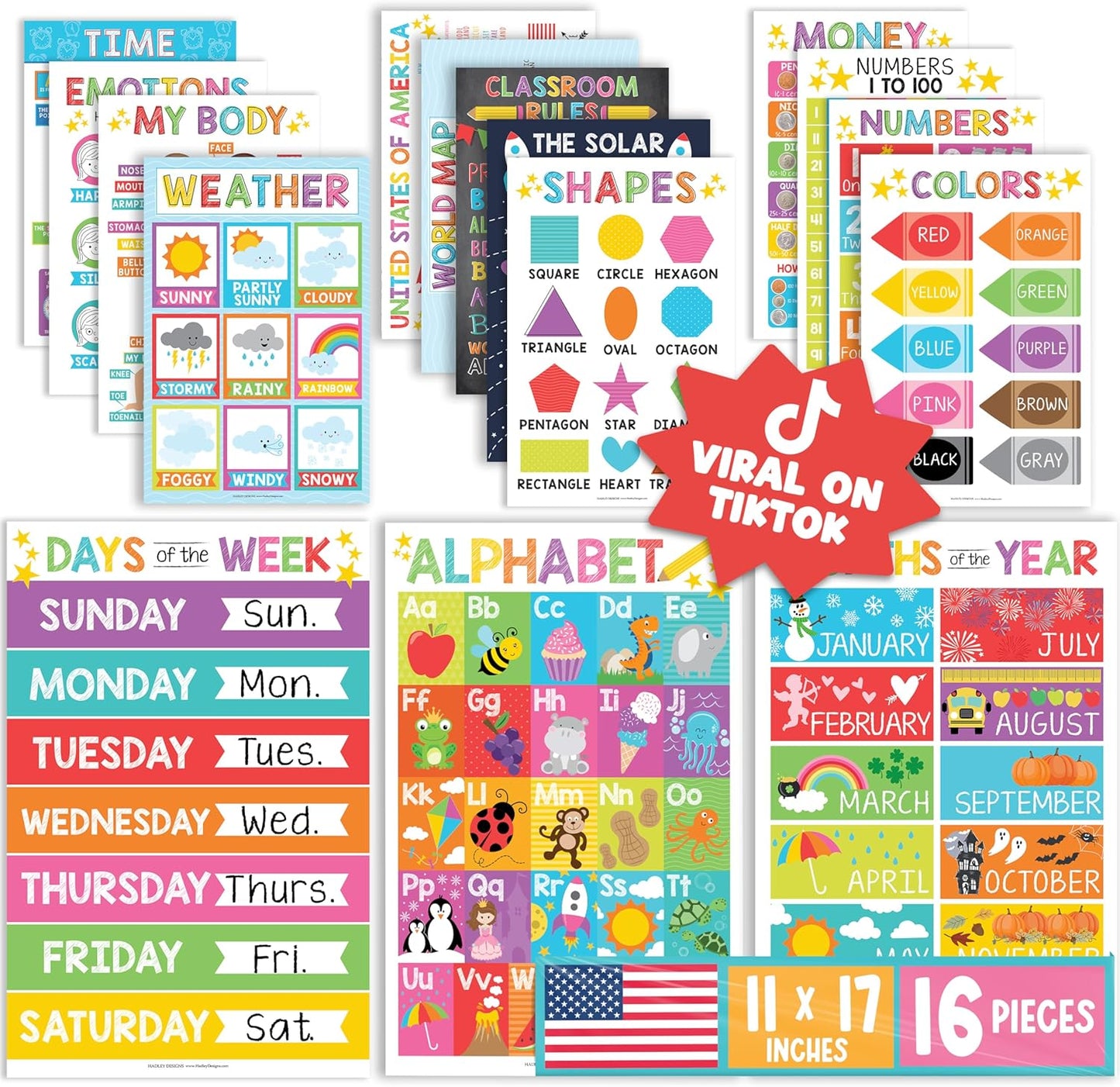 Hadley Designs 16 Educational Posters for Toddler Learning Activities - Laminated Pre-K Posters for Toddlers 1-3, Homeschool Essentials & Preschool Learning Activities, Kindergarten Classroom Decor