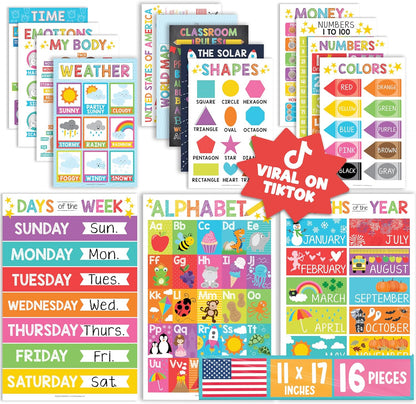 Hadley Designs 16 Educational Posters for Toddler Learning Activities - Laminated Pre-K Posters for Toddlers 1-3, Homeschool Essentials & Preschool Learning Activities, Kindergarten Classroom Decor
