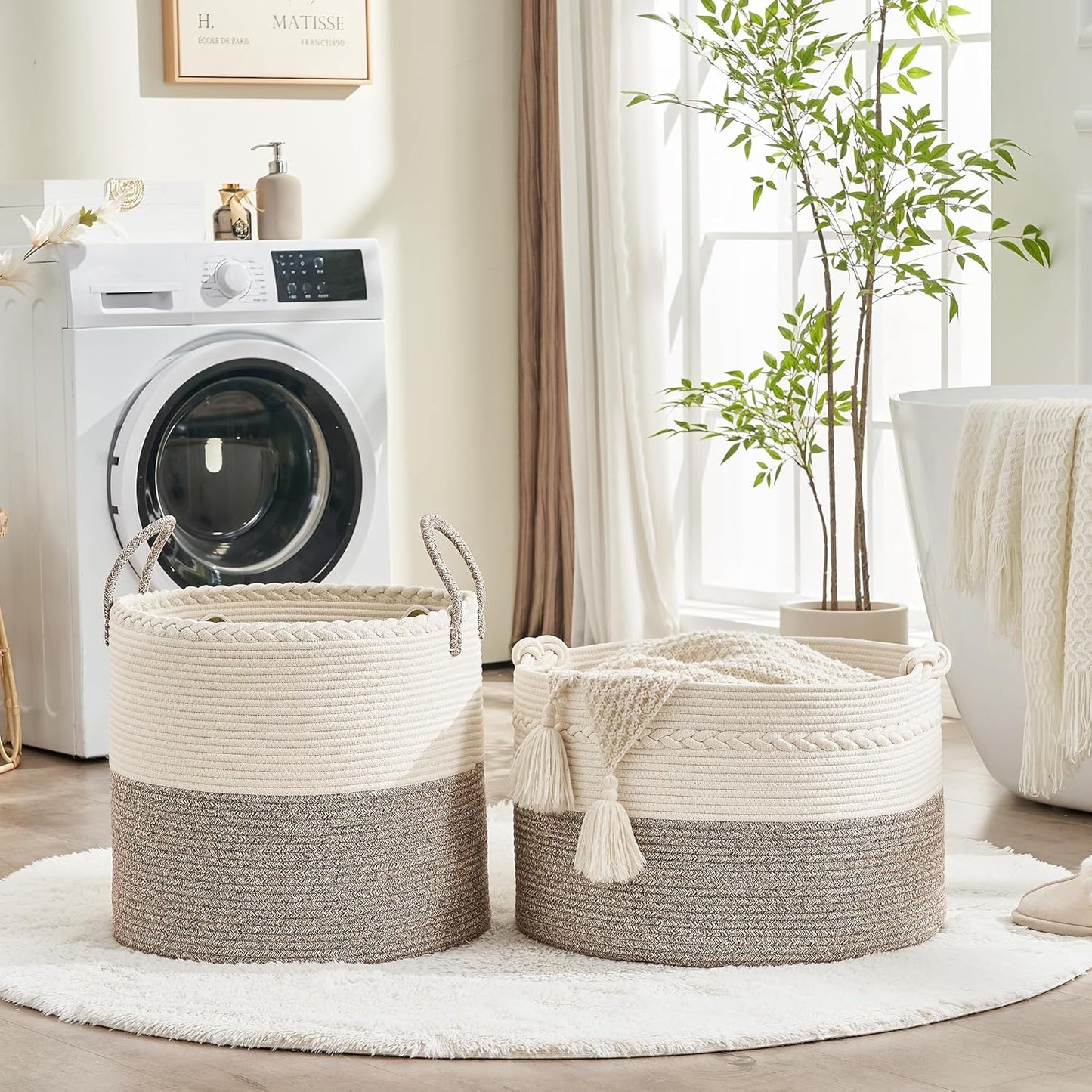 KAKAMAY Large Blanket Basket (20"x13"),Woven Baskets for storage Baby Laundry Hamper, Cotton Rope Blanket Basket for Living Room, Laundry, Nursery, Pillows, Baby Toy chest (White/Brown)