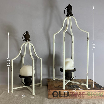 12.5" & 16.5" Timeless Cozy Decorative Lanterns Set of 2, Handcrafted Metal Iron Candle Holders, Farmhouse Elegance Fireplace Mantel Table Festive Gatherings Decor (Antique Gold)