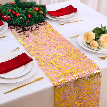 Snowkingdom 2 Pieces Gold Table Runner, Sequin Glitter Foil Metallic Thin Mesh Runner Roll 11"x108", Gold Table Decorations for Event Party, Wedding, Birthday Party, Christmas