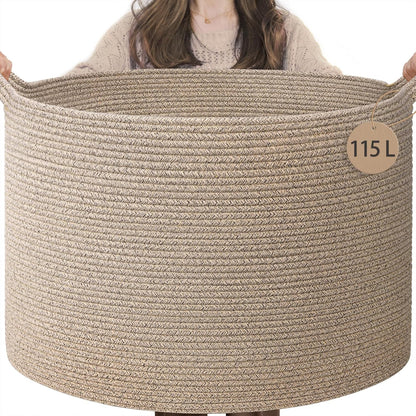 INDRESSME XXXLarge Blanket Basket for Living Room 21.7" x 21.7" x 13.8"-Storage Basket with Handle for Organizing Toy Pillows Woven Cotton Rope Laundry Basket Stuffed Animal Toy Storage for Play Room