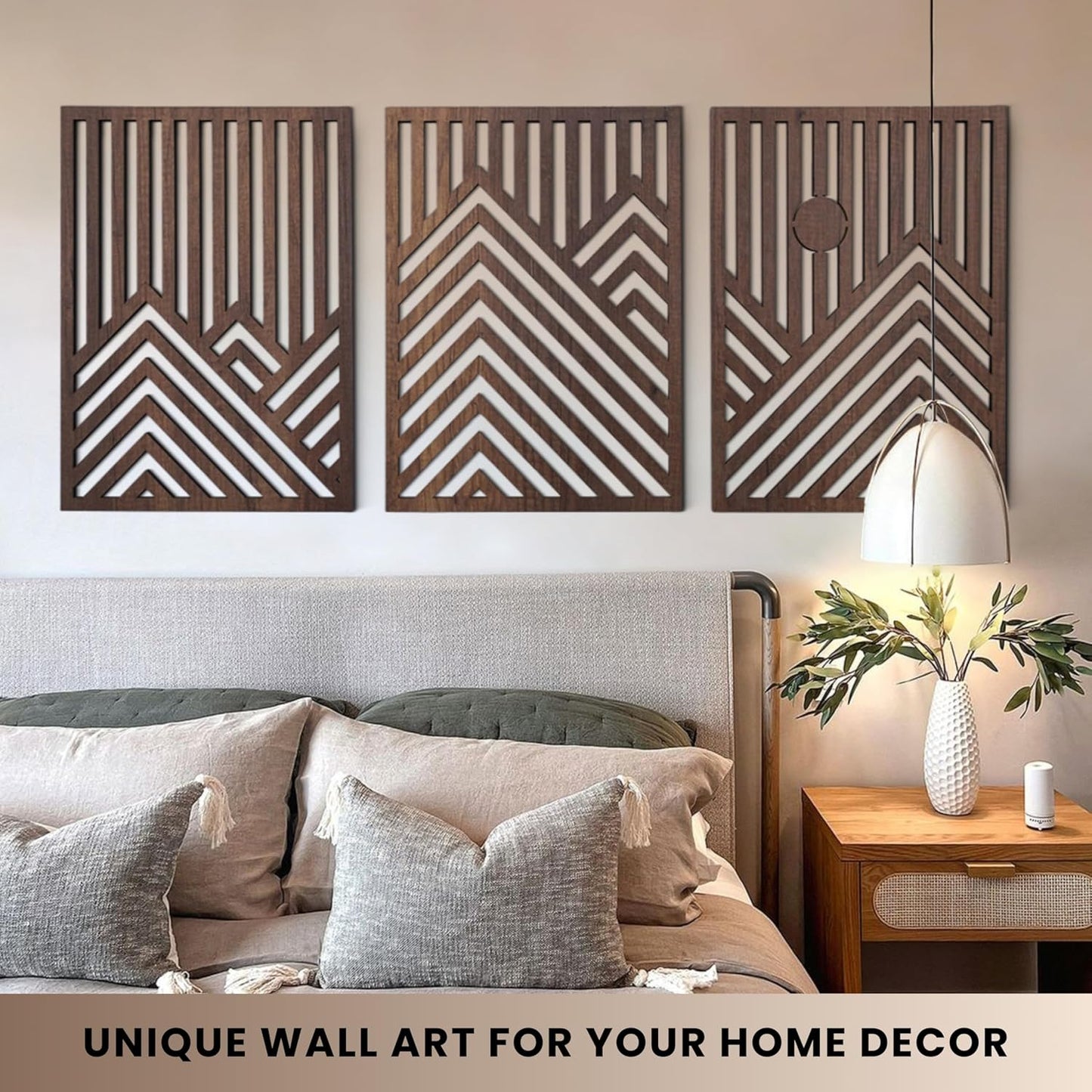 qmmp Modern Wooden Wall Sculptures - Set of 3 - Home Decor Accent - Large Wall Art for Living Room, Bedroom, Office - Easy Installation (Oak, Medium - Mountain and Sun)