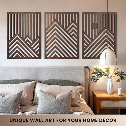 qmmp Modern Wooden Wall Sculptures - Set of 3 - Home Decor Accent - Large Wall Art for Living Room, Bedroom, Office - Easy Installation (Oak, Medium - Mountain and Sun)