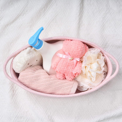 Small Woven Gift Basket Empty with Bag & Ribbon - Gifts for Mom, Baby Shower, Birthdays & Raffle - Cotton Rope Storage Basket for Dog Toys or Shelf - 12"x8"x5", White