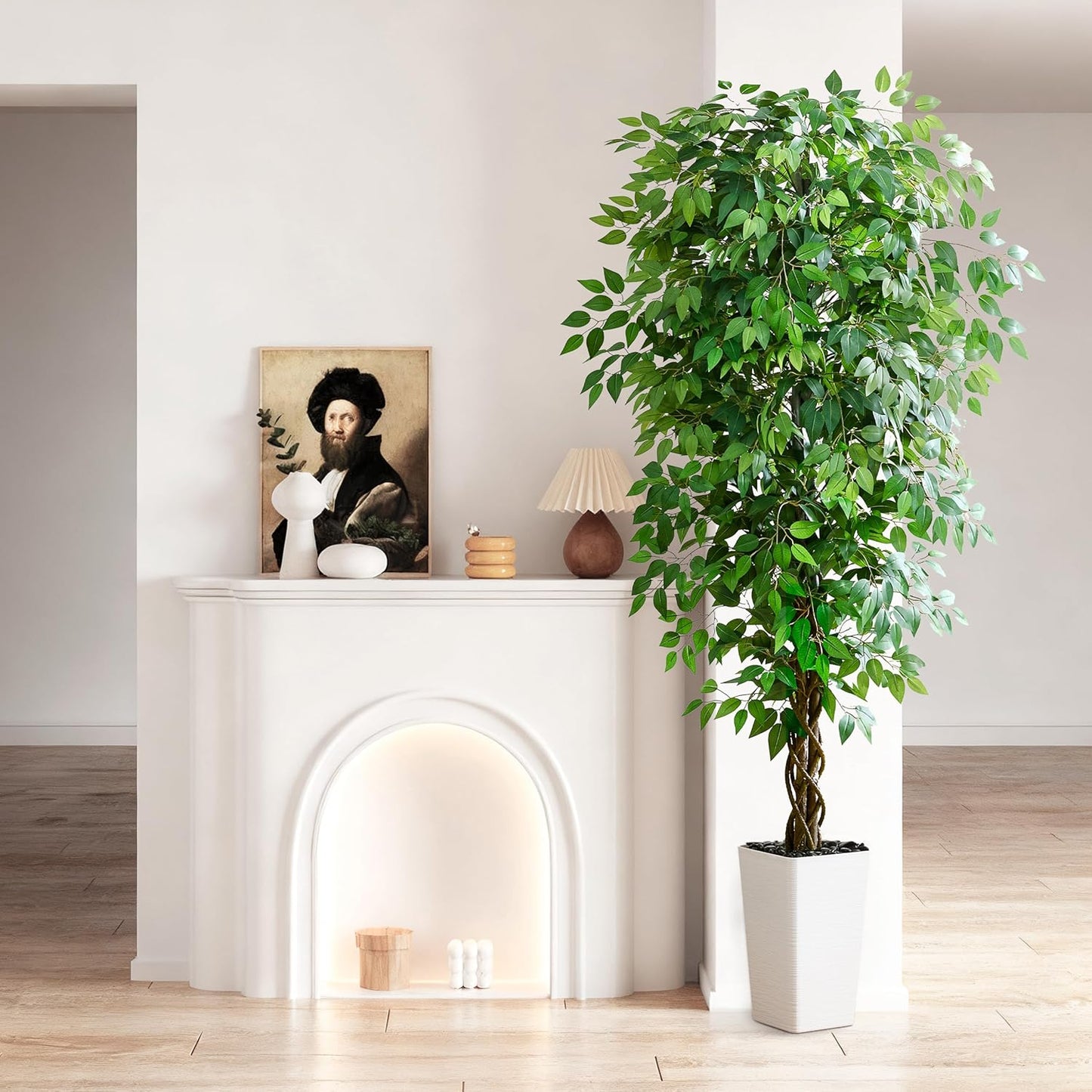 Artificial Ficus Tree 6FT Faux Plants Indoor Tall Fake Plants with White Planter, Green Lifelike Lush Fake Ficus Tree for Home Living Room Bedroom Outdoor Balcony House Office Decor