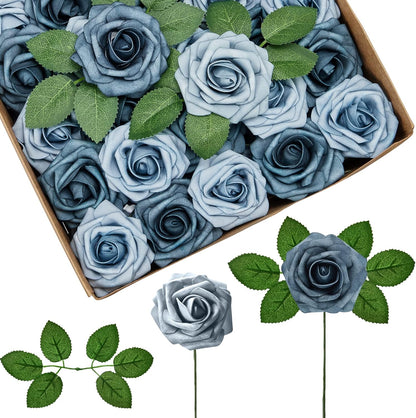 InnoGear Artificial Flowers, 50 Pcs Dark Red Foam Fake Roses Bulk with Stems for Mother's Gift Decoration Celebration DIY Wedding Bouquets Centerpieces Bridal Shower Party Christmas Tree