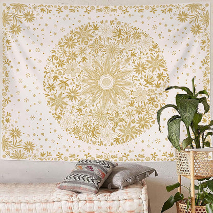 Neasow Bohemian Tapestry Wall Hanging, Beige White Floral Tapestry with Dotted Daisy Medallion Print Bedroom Boho Hippie Home Decor, 36×48 inches
