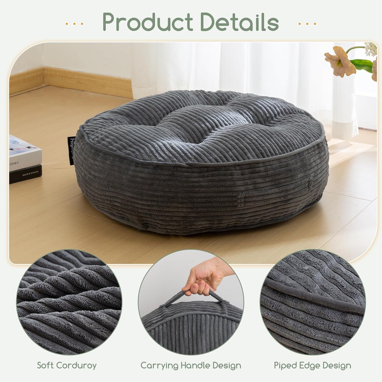 HIGOGOGO 6" Extra Thick Floor Pillow Cushion for Adults, Meditation Cushion Pillow, Large Square Floor Sitting, Tufted Corduroy Cover, for Tatami Living Room or Yoga, 22x22 Inch, 2Pack, Dark Grey
