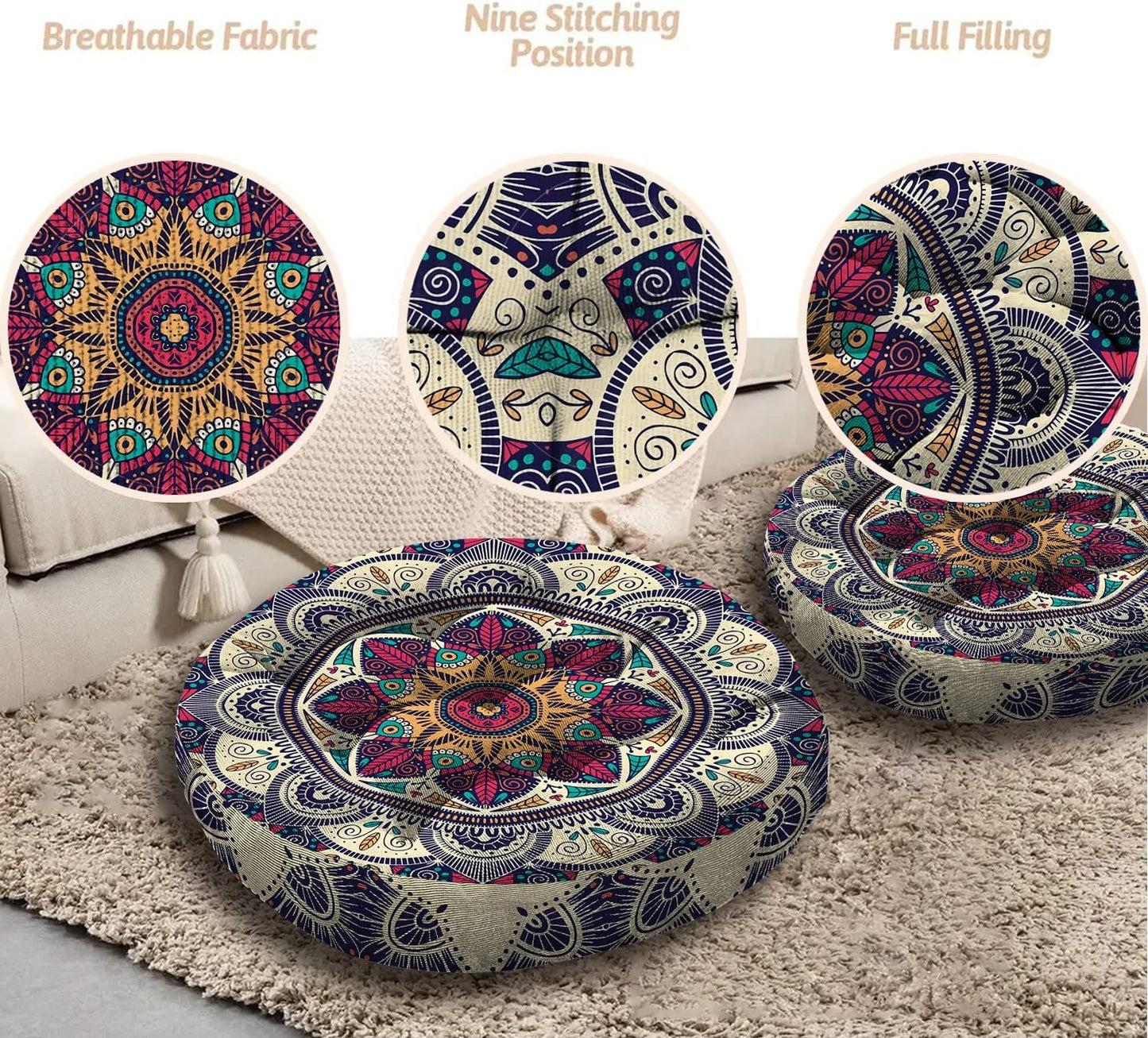 Mandala Meditation Cushion, Boho Meditation Mat, Meditation Pillows for Sitting on Floor, Cushions for Sitting in Home and Outdoor, Square Floor Pillow Cushion Seating for Yoga Accessories 22'' X 22''